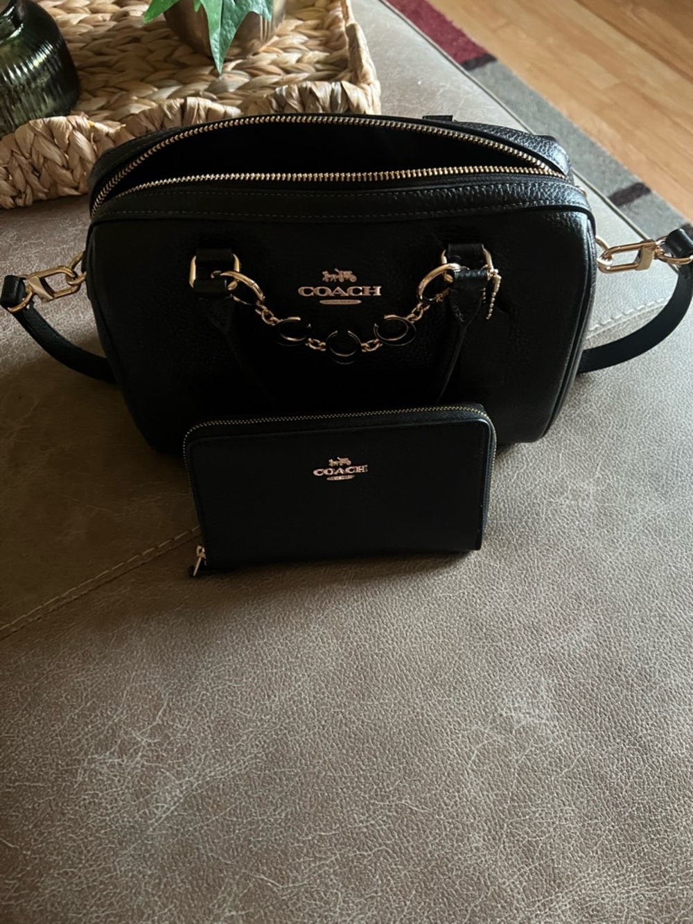 Coach Black Leather Dome Crossbody with Gold Hardware and Matching Wallet